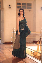 KAVVYA SOFT & LIGHT WEIGHT BOTTLE GREE HANDLOON TUSSAR SILK SAREE WITH BEAUTIFUL ROSE MOTIFS IN THE BODY COMES WITH CONTRAST PALLU N BLOUSE